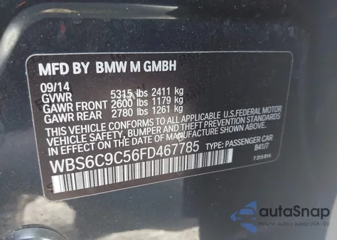 2015 BMW M6 Gran Coupe z USA, uszkodzony, nr VIN WBS6C9C56FD467785